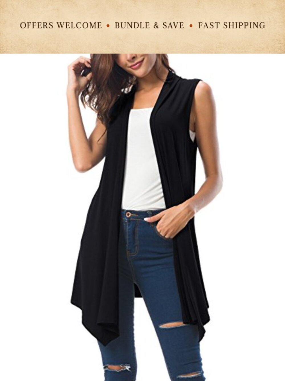 Sleeveless Asymmetric Hem Open Front Cardigan Vest Lightweight Summer Layer